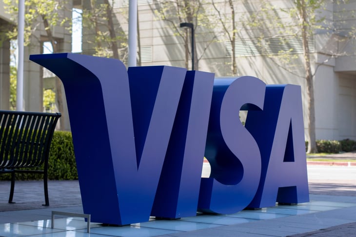 VISA logo is seen at its headquarters campus in Foster City, California.