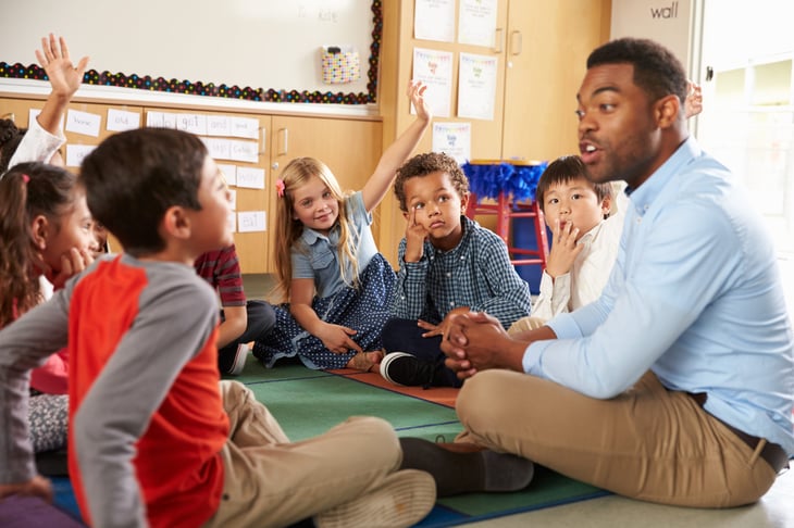 teacher sitting on the floor with elementary school children