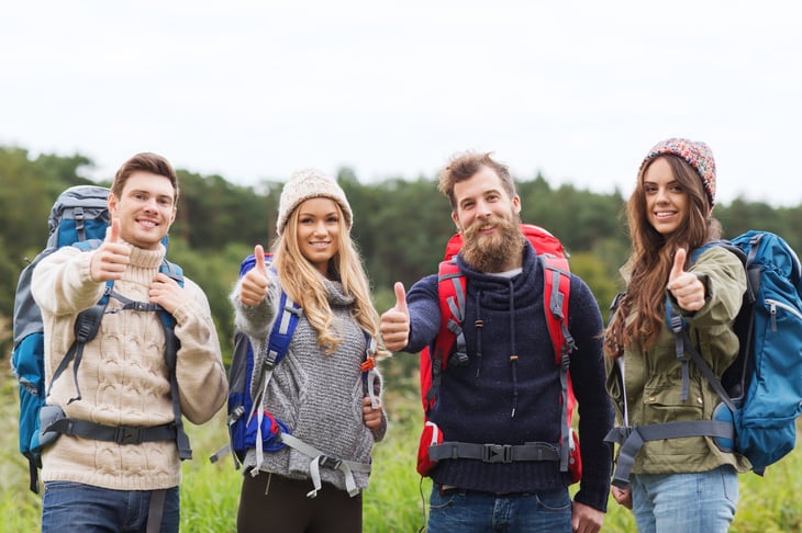 Smiling friends showing thumbs up outdoors