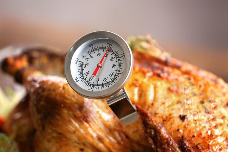 Meat thermometer measuring the temperature of a cooked turkey