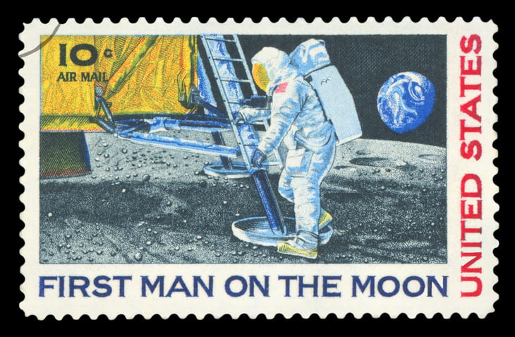 Stamp depicting Neil Armstrong landing on the moon in 1969