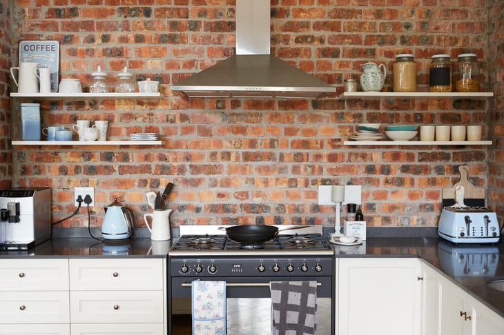 exposed shelves in kitchen