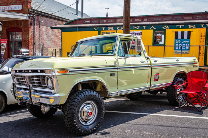 Virginia City, NV - July 30, 2021: 1975 Ford F-250 Ranger XLT pickup truck at a local car show.