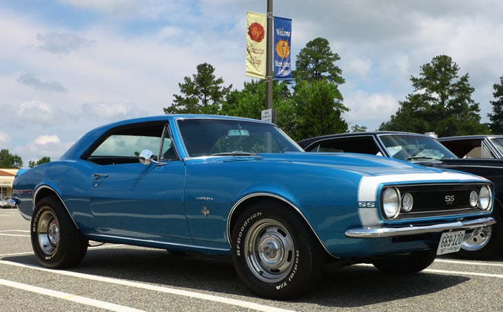 GLOUCESTER, VIRGINIA - JULY 12, 2014: A Blue 1967 Chevrolet Camaro SS350 in the Blast from the PAST CAR SHOW,The Blast From the Past car show is held once each year in July in Gloucester Virginia.