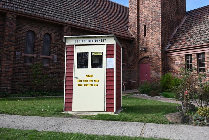 Ormond, Victoria, Australia - April 17 2021: The Little Free Pantry outside Ormond Uniting Church, a place where people can donate food to be collected by people that need it.