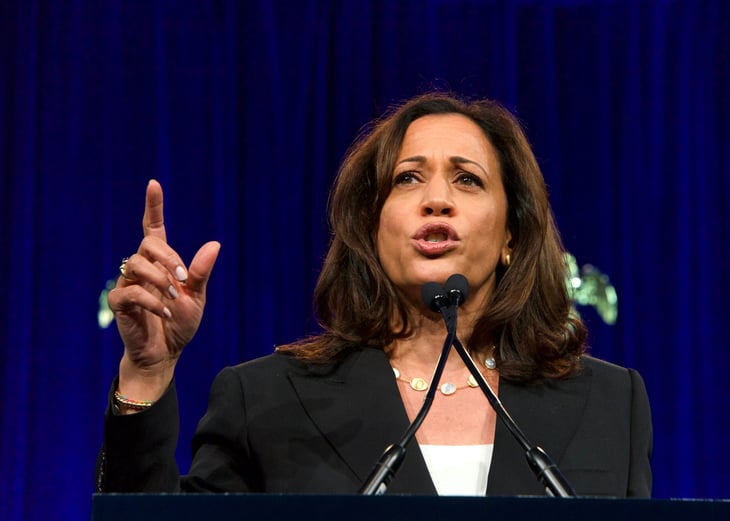 Vice President Kamala Harris speaking at a lectern