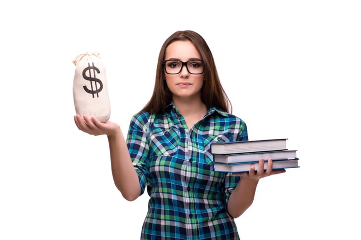 Woman with books and a money bag