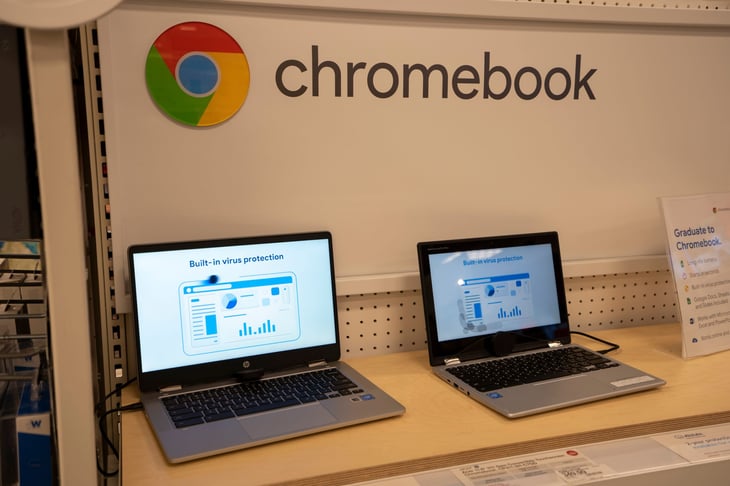 Chromebooks for sale in a store display