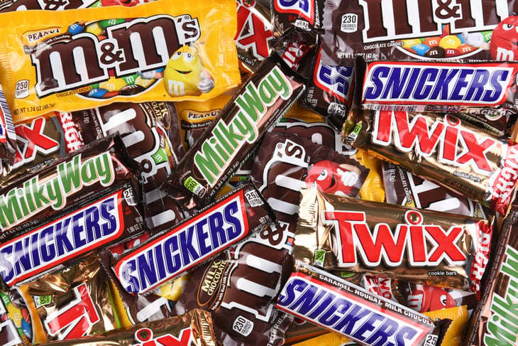 Candy bars for Halloween including Snickers, Twix, Milky Way, M&Ms