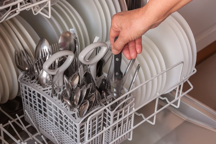 Knife in a dishwasher flatware basket