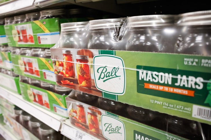 Ball Mason jars on a store shelf