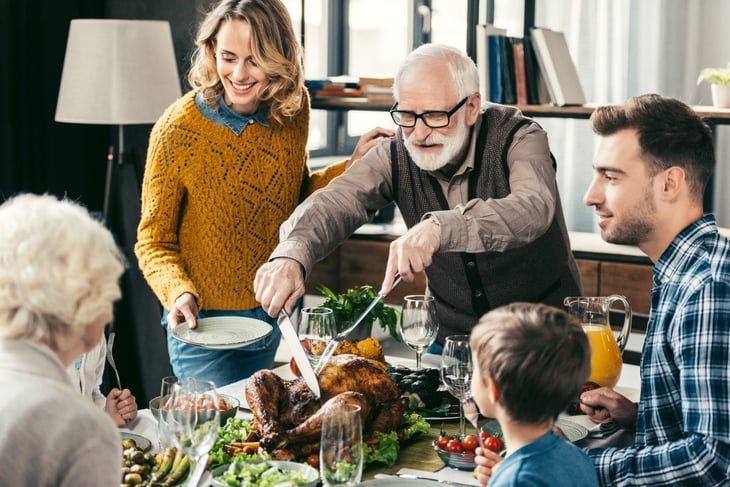 Family sharing a happy Thanksgiving meal for the holidays