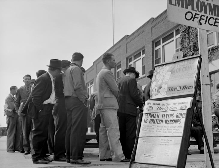 Prospective employees in line at the Lockheed plant, Los Angeles in 1940