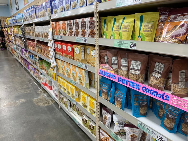 Shelves of granola in Trader Joe's