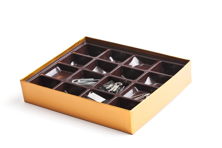 old chocolate box filled with office supplies