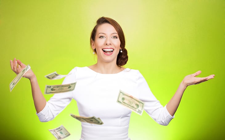 smiling woman with cash make it rain