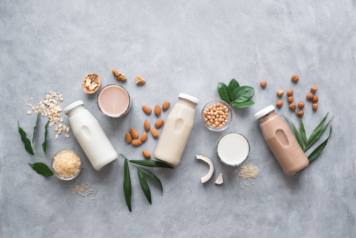 Various vegan plant based milk and ingredients. Dairy free milk