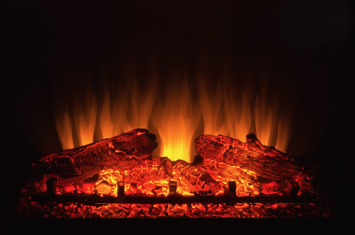 Close-up of the center of an electric fireplace