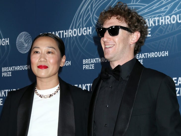 Priscilla Chan, Mark Zuckerberg at the 11th Breakthrough Prize Awards at Barker Hanger on April 6, 2025 in Santa Monica, Los Angeles, CA
