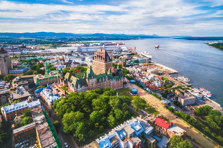 Aerial view of Chateau Frontenac hotel and Old Port in Quebec City, Canada