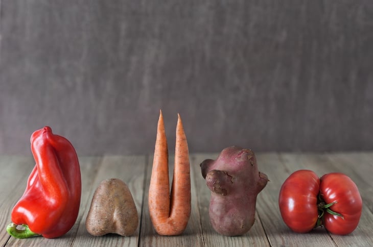 Imperfect red pepper, carrot, sweet potato, red tomato
