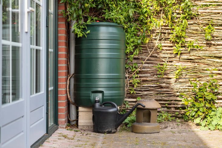 A green rain barrel to collect rainwater