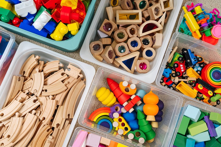 Toys organized in plastic containers