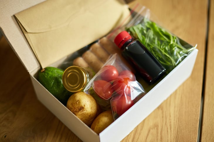 Food box or meal kit of fresh ingredients and recipe