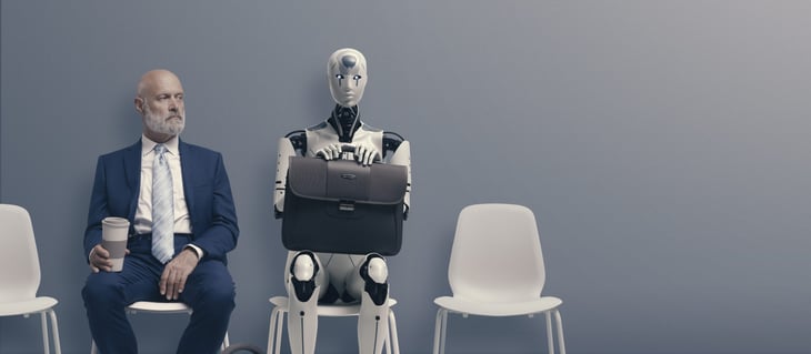 Job interviewers including senior worker and AI robot