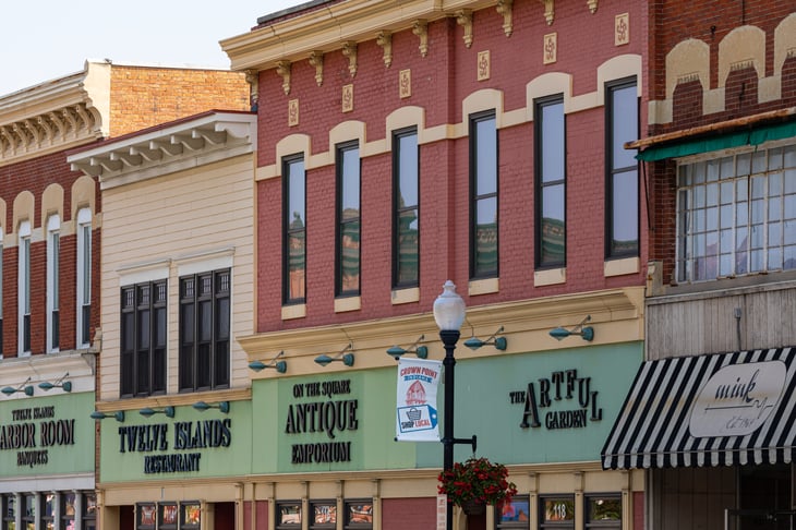 Shops around the old Courthouse at the Historic District of Crown Point, Indiana