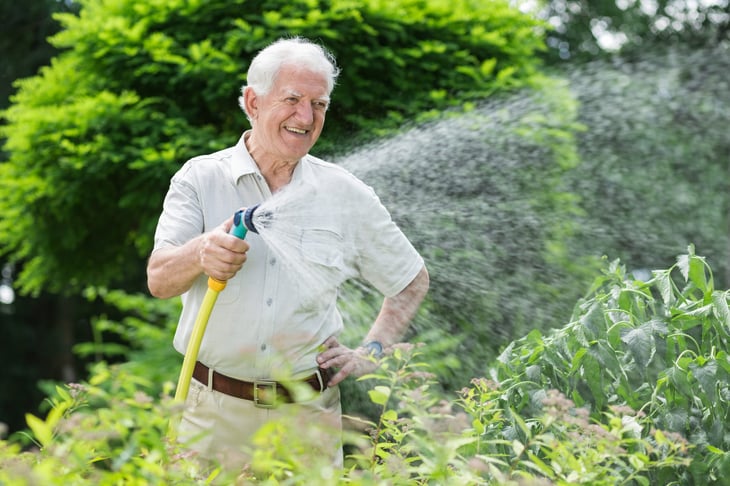 Old man watering garden with hose