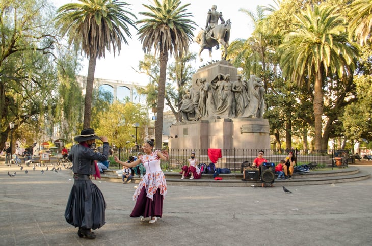 Salta, Argentina - August 7, 2021: Traditional Argentinian couple dancing in Plaza 9 de Julio on August 7, 2021 in Salta, Argentina