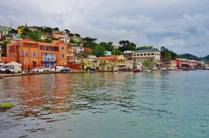 View of the colorful downtown of St George's, the capital of the Caribbean island country of Grenada.