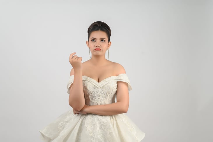 Bride in a wedding dress frowning, upset