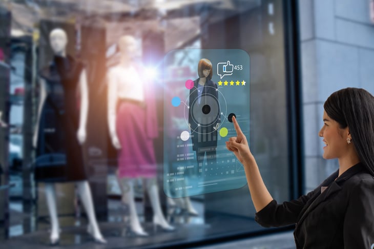Woman shopping for clothing with AI help online