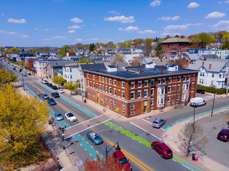 View of Somerville Avenue at Central Street in Somerville, Massachusetts, USA.