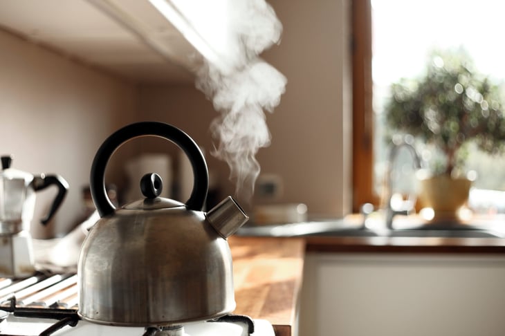 steam coming out of a kettle in the kitchen