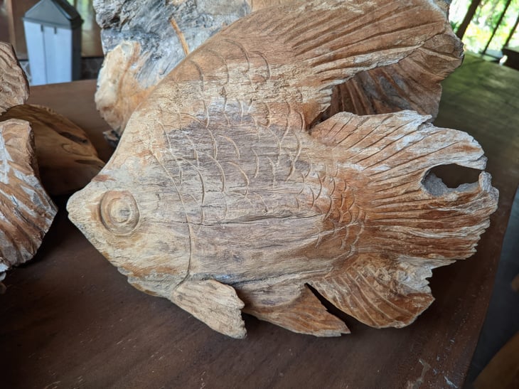 Homemade wooden fish sculpture artwork