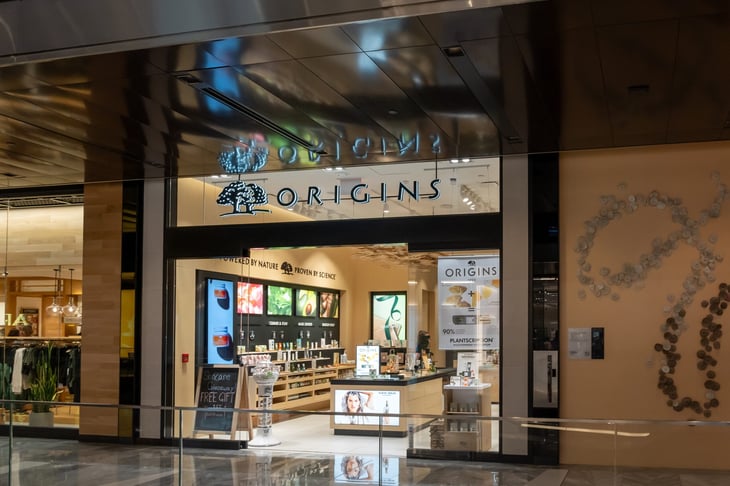 An Origins skincare store at a shopping mall in New York City, USA.
