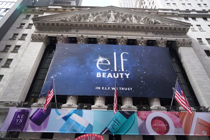 e.l.f. Beauty banner on the New York Stock Exchange building in Manhattan Financial District