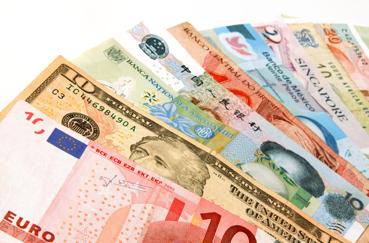 International world currency including U.S., European Union, Singapore, Mexico, Brazil