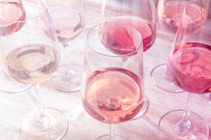 Rose wine, various styles in wineglasses