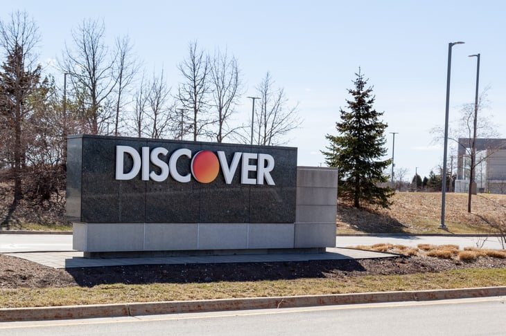 Discover ground sign at their headquarters in Riverwoods, Illinois