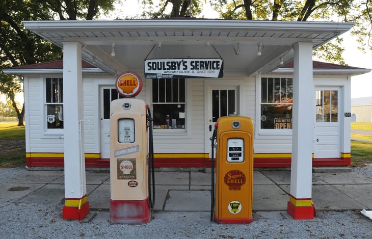 Historic gas station on Route 66 in Mount Olive, Illinois