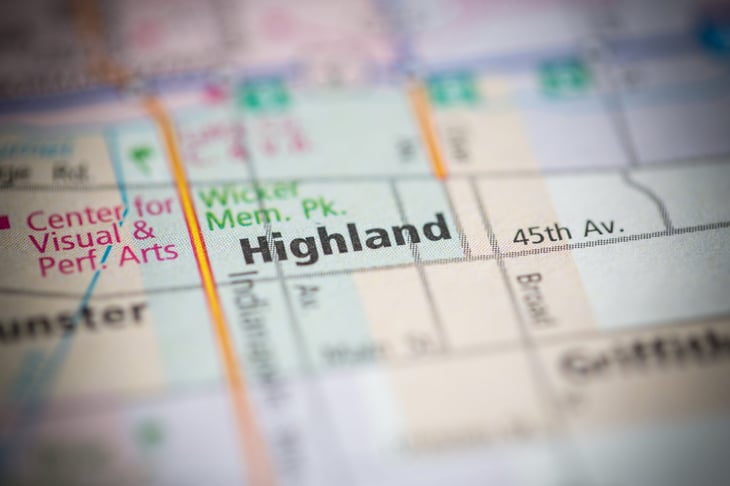 Map showing Highland, Indiana