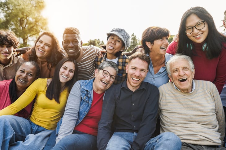 Diverse group of happy people of multiple generations and age groups covering many demographics