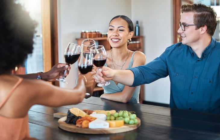Friends toasting with red wine and eating charcuterie