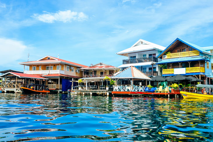 Houses of typical construction on the sea in Bocas del Toro, Panama.