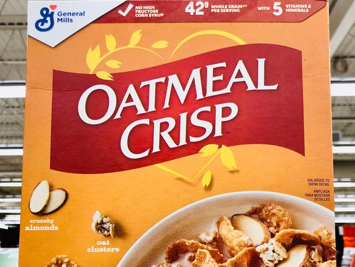 Box of Oatmeal Crisp Heart Healthy Cereal on the shelf at a grocery store.