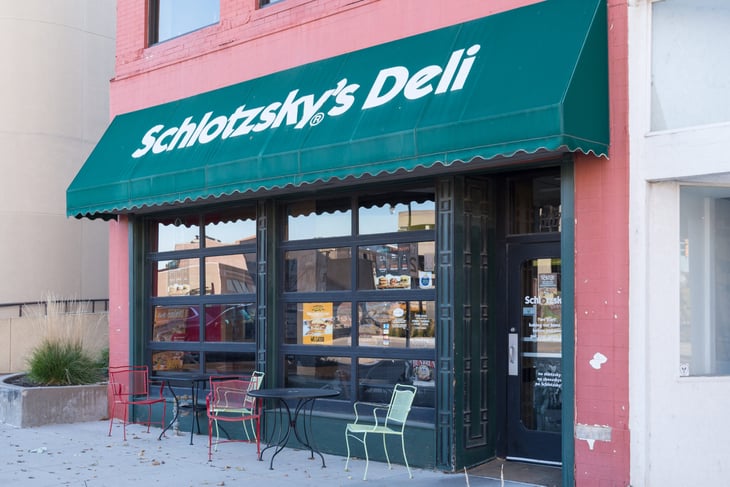 Schlotzsky's Deli storefront and main entrance in downtown Topeka.